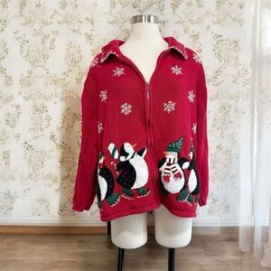 Vintage Heirloom Red Christmas Cardigan Sweater Holiday Penguin Novelty 18/20